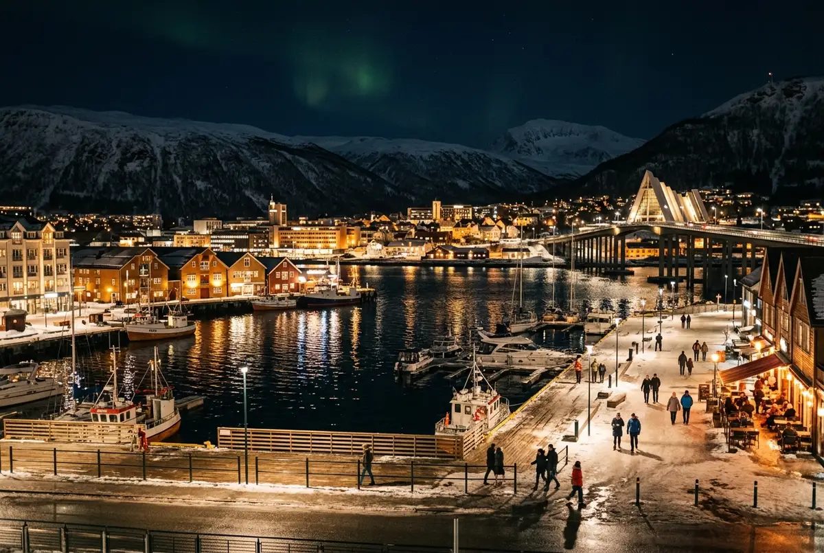 Nocna panorama Oslo ze słabym, ledwo widocznym blaskiem zorzy polarnej nisko nad horyzontem za budynkami, zestawiona z jasnym intensywnym pokazem zorzy, oslo zorza polarna zderzenie z rzeczywistością