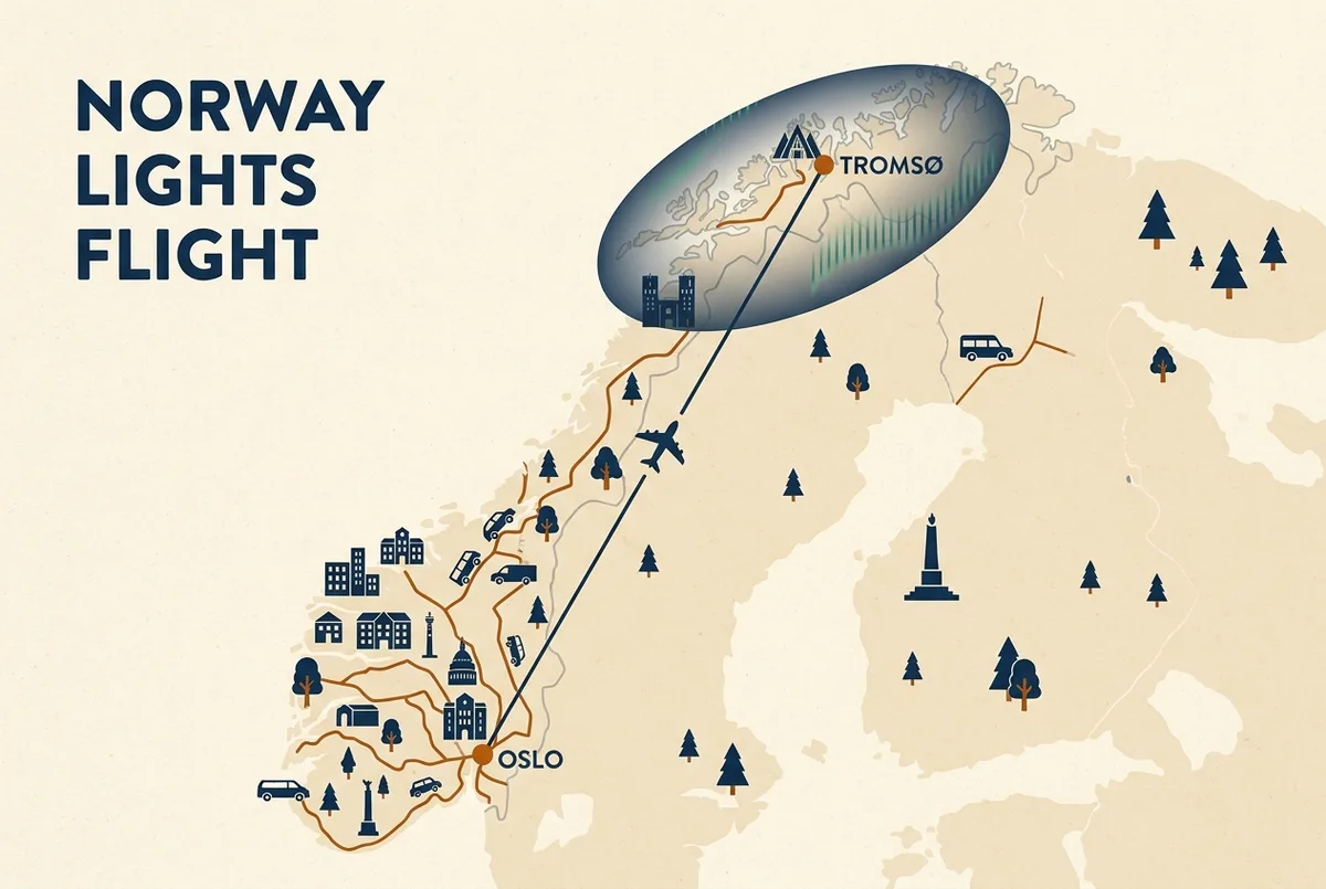Prosta mapa trasy lotu z Oslo na północ do Tromso z zaznaczoną strefą owalu zorzy polarnej nad północną Norwegią, trasa lotu Oslo Tromso na zorzę polarną, ogólne etykiety bez cen