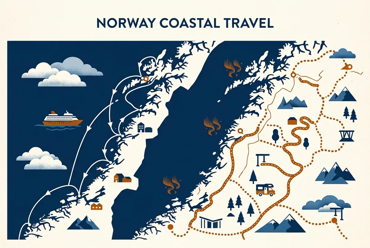 Mapa ilustrado simples mostrando a rota de um barco a sair do porto de Tromso rumo ao fiorde aberto em busca de céu limpo, com ícones genéricos de bússola e aurora boreal, conceito de cruzeiro noruega aurora boreal, apenas etiquetas genéricas