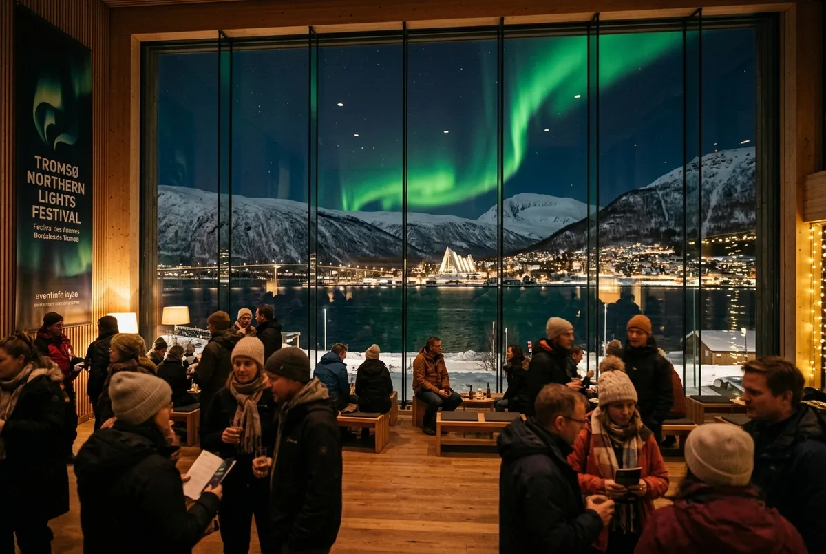 Concertzaal in Tromso in januari met musici op het podium, buiten door een groot raam een vage groene aurora zichtbaar boven de besneeuwde stad, noorderlicht festival tromso sfeerbeeld