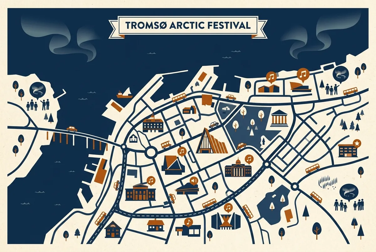 illustrated map of Tromso highlights for Nordlysfestivalen: het Noorderlichtfestival van Tromso, noorderlicht festival tromso
