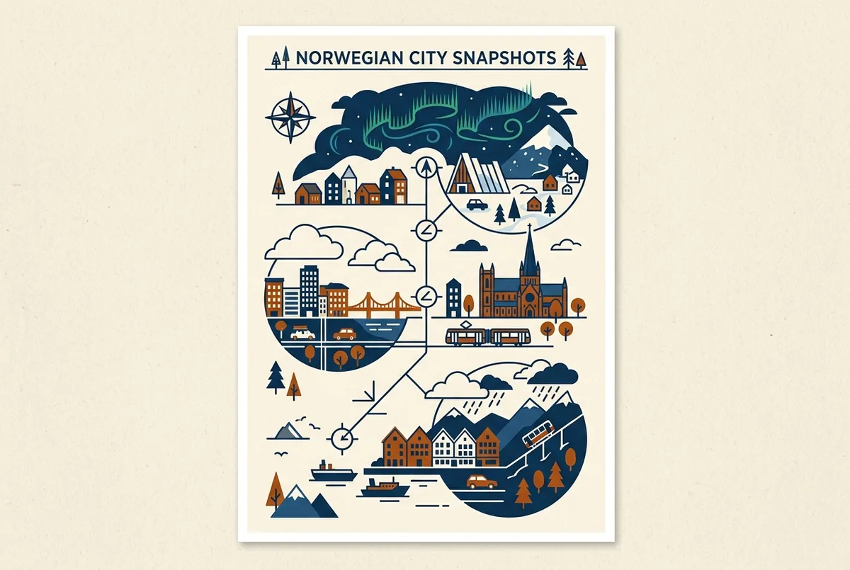 Kaart van Noorwegen met een lijn van Bergen via Trondheim naar Tromso, breedtegraadmarkeringen en de aurora ovalzone bovenaan gemarkeerd, generieke plaatslabels, noorderlicht trondheim en bergen reisroute infographic