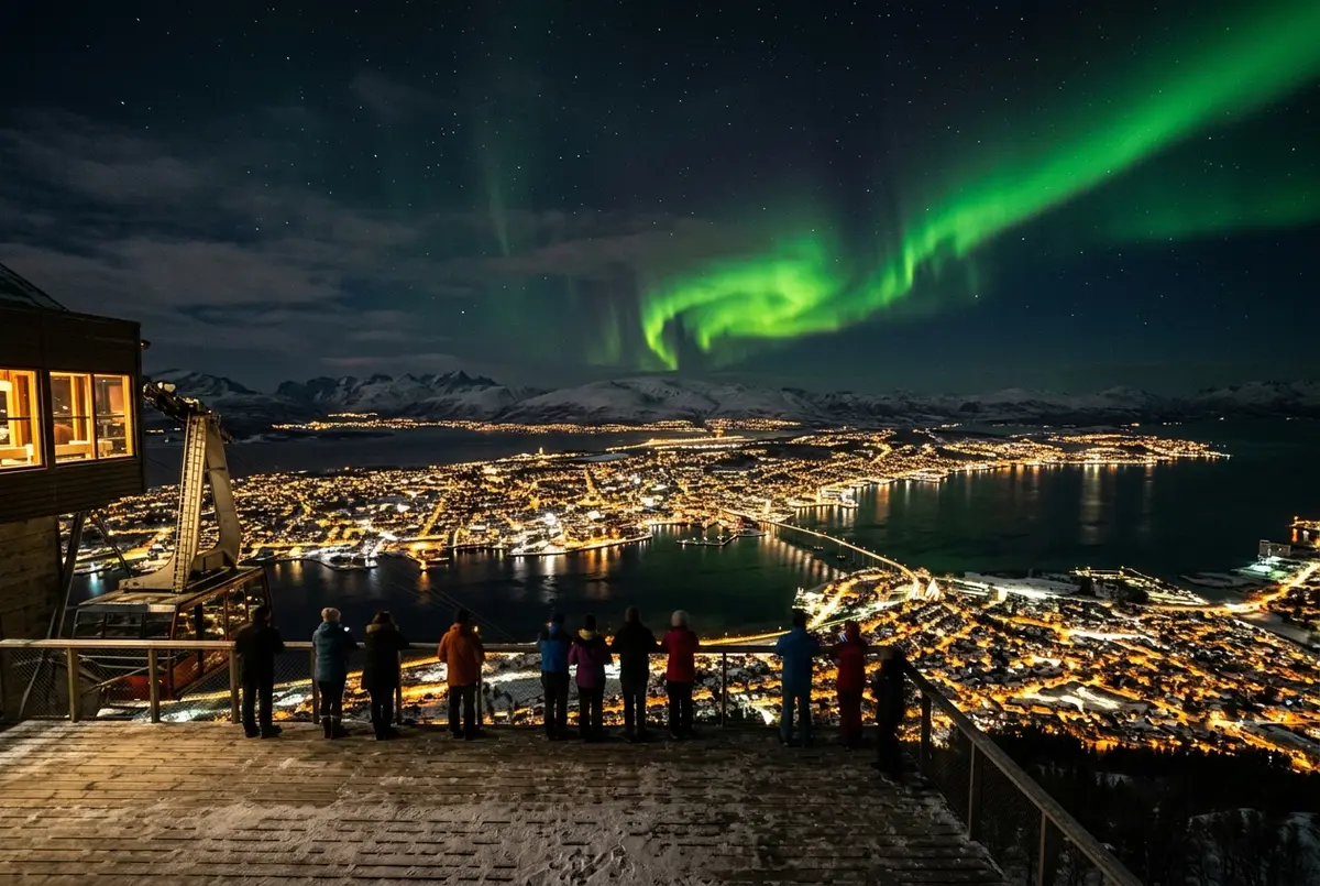 Reisende stehen an der Fjellheisen-Bergstation über Tromsø und beobachten ein grünes Polarlicht über den beleuchteten Hafenlichtern der Stadt tief unter ihnen