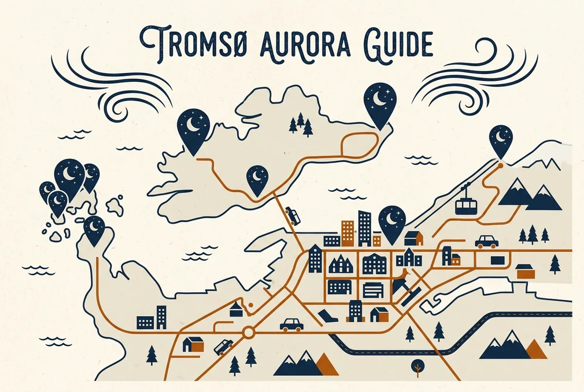 Karte der Region Tromsø mit markierten Beobachtungspunkten Fjellheisen, Kvaløya und Sommarøy sowie Entfernungsangaben vom Stadtzentrum, beste Orte für Polarlichter in Tromsø Übersichtskarte