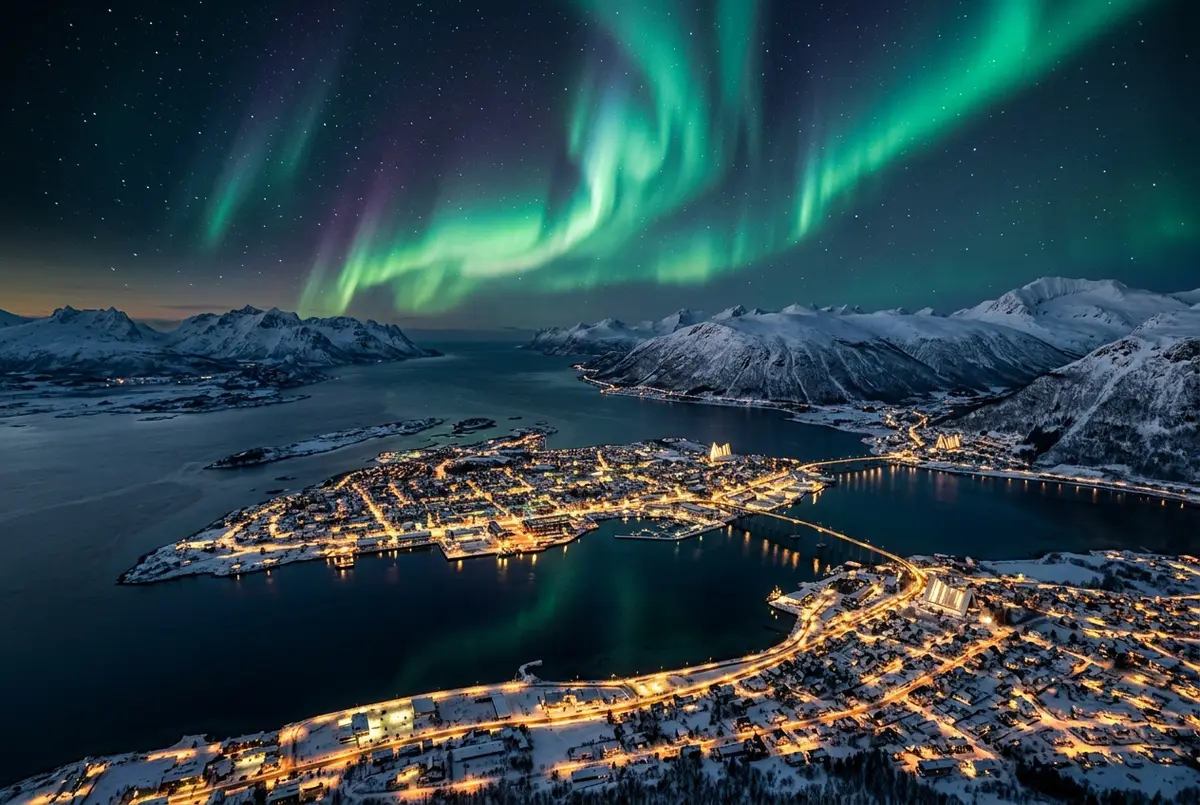 Luchtfoto in stijl van de Noorse kustlijn bij nacht met een felle aurora borealis boven de haven van Tromso, andere kleinere kustplaatsen vaag zichtbaar langs de fjord in de verte