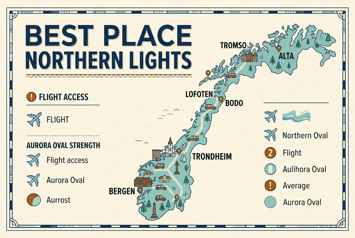 Vergelijkende infographic met Noorse steden op een noord-zuid kaartas met iconen voor vluchttoegang en sterkte van de aurora oval, Tromso, Alta, Lofoten, Narvik en Bodo gemarkeerd, generieke labels