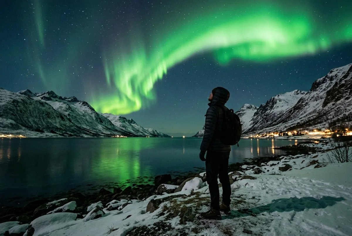 Reisender in dicker Winterjacke blickt auf ein leuchtend grünes Polarlicht über einem verschneiten Fjord bei Tromsø, beste Zeit für Polarlichter in Norwegen Szene