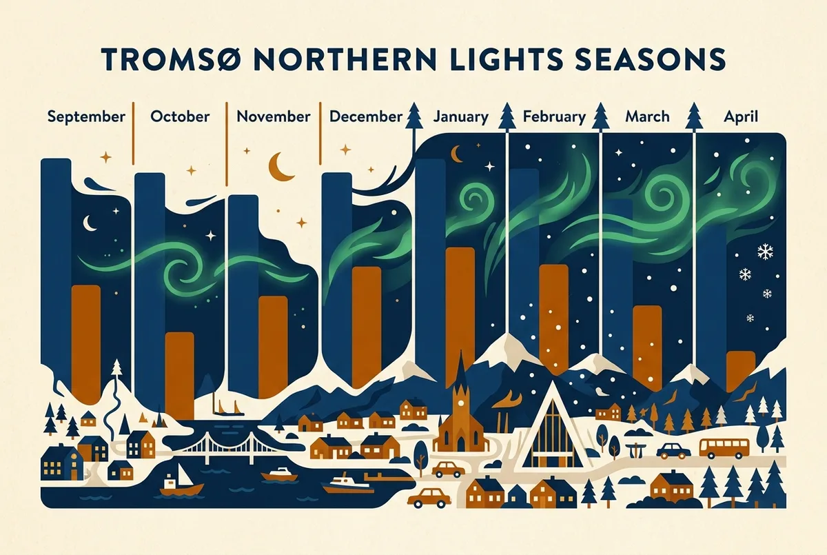 Monat-für-Monat-Balkendiagramm der Dunkelheitsstunden und Sichtungschancen in Tromsø von September bis April, beste Zeit für Polarlichter Norwegen Saisonübersicht