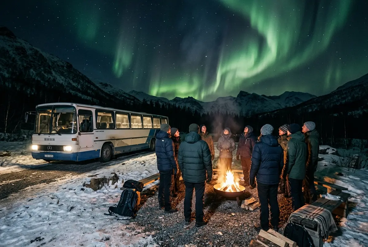 Bir gezgin elinde tuttuğu telefonda Tromso kuzey ışıkları tur fiyatlarını karşılaştırıyor, arka planda karlı liman ve akşam ışıkları, norveç kuzey ışıkları turu fiyatları teması