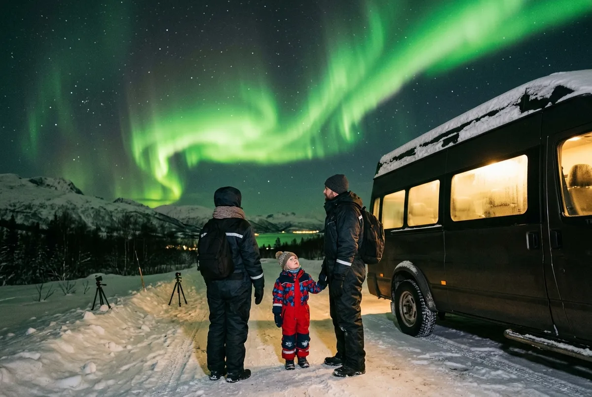 Famille avec deux enfants en combinaisons thermiques observant une aurore boreale verte depuis un minibus chauffe gare pres de Tromso, scene excursion aurore boreale en famille tromso