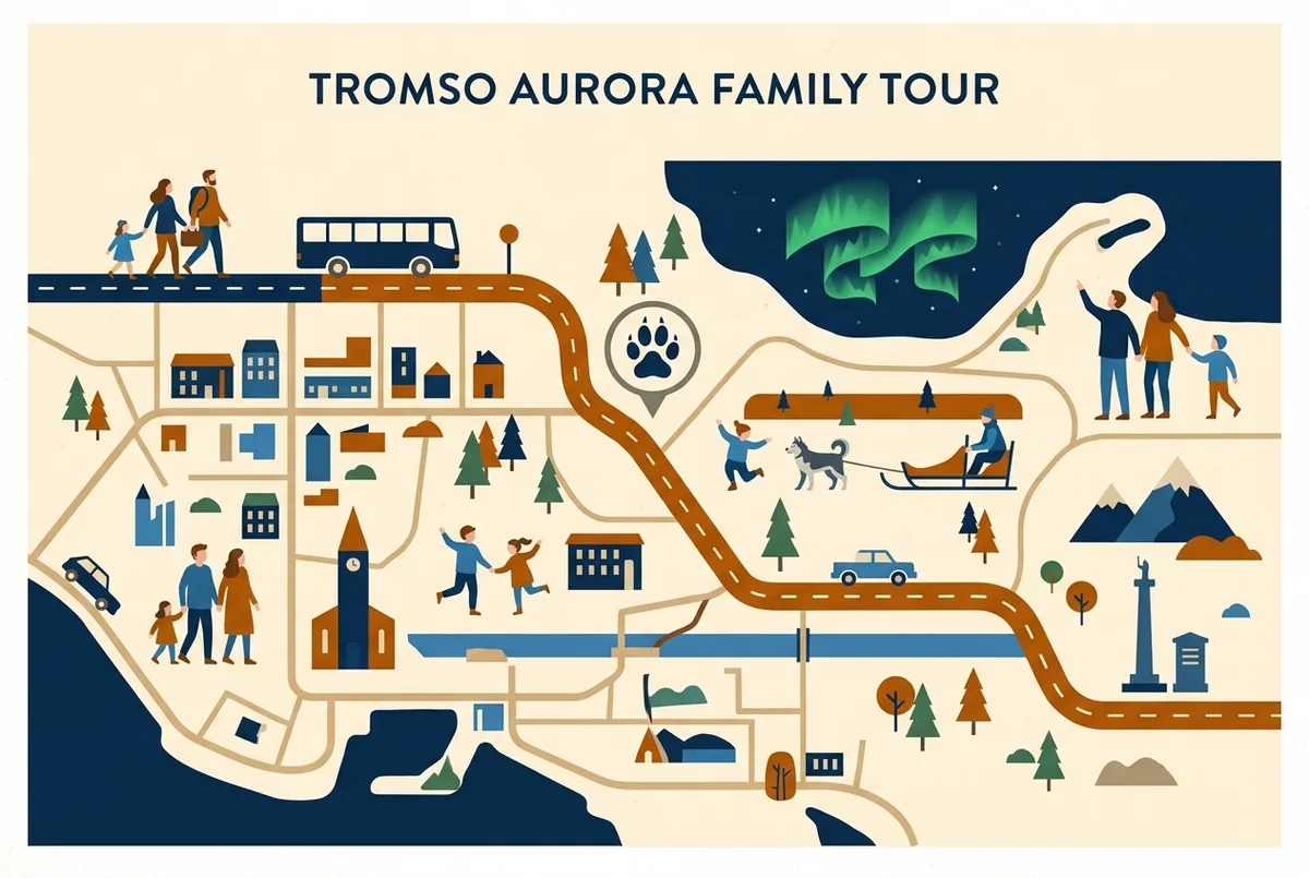 Infographie comparant minibus chauffe et bateau ouvert pour une excursion aurore boreale en famille a Tromso, criteres confort enfant, duree du trajet et abri disponible, etiquettes generiques sans prix, scene excursion aurore boreale en famille tromso