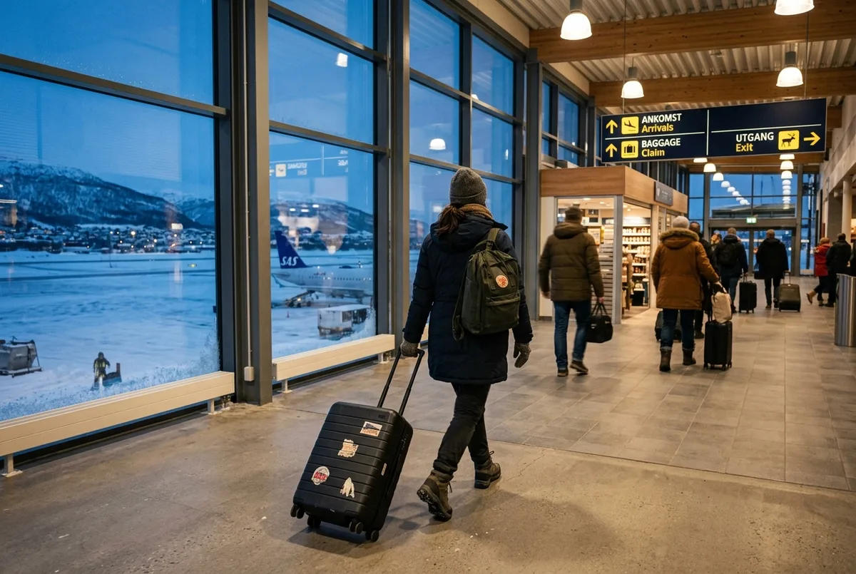 Viajero arrastrando una maleta con ropa de invierno cruzando la pista nevada del aeropuerto de Tromso al atardecer, con un avión pequeño de fondo, escena de viaje a Tromso para ver la aurora boreal