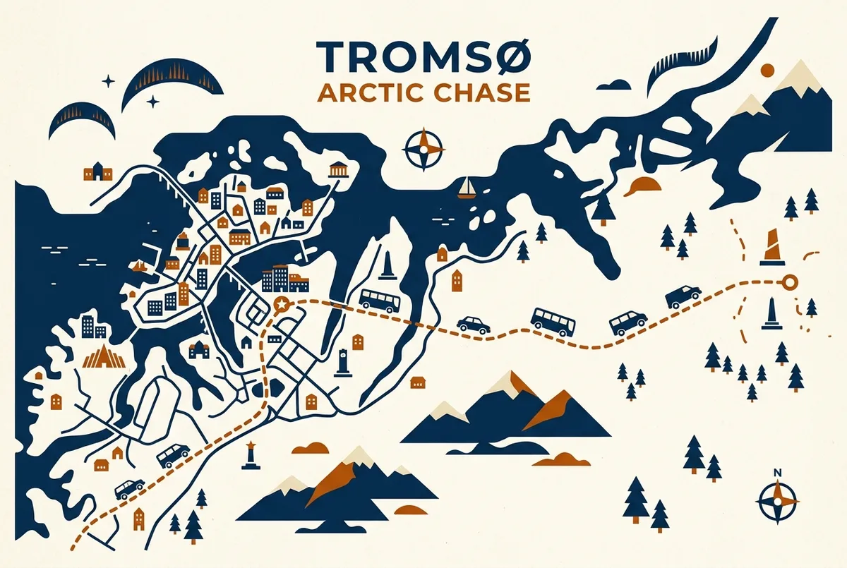 Il·lustració senzilla d'un mapa que mostra la ubicació de Tromsø a la Noruega àrtica amb una ruta de cacera d'aurora boreal cap a la frontera finlandesa