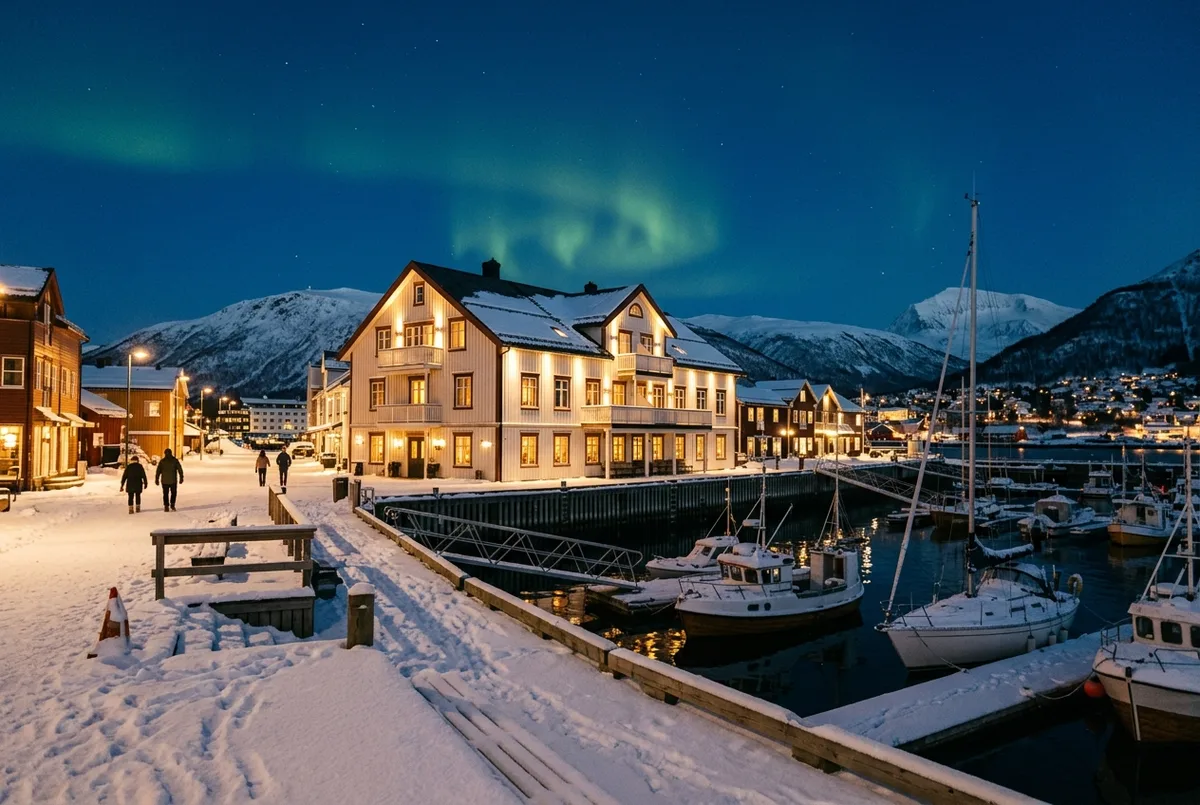 Façana d'un hotel vora el port de Tromsø il·luminada al capvespre, amb neu al terra i un tènue resplendor verd d'aurora boreal al cel, escena de l'hotel aurora Tromso