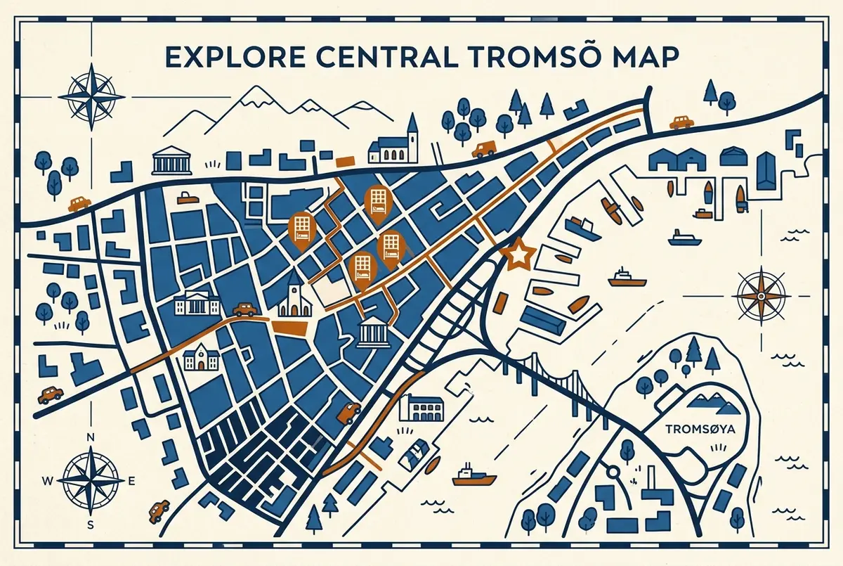 Mapa senzill del centre de Tromsø marcant el port, els principals punts de trobada dels tours i un grup d'ubicacions d'hotels caminables inclòs el Clarion Collection Hotel Aurora, mapa de l'hotel aurora Tromso i alternatives properes, només etiquetes genèriques
