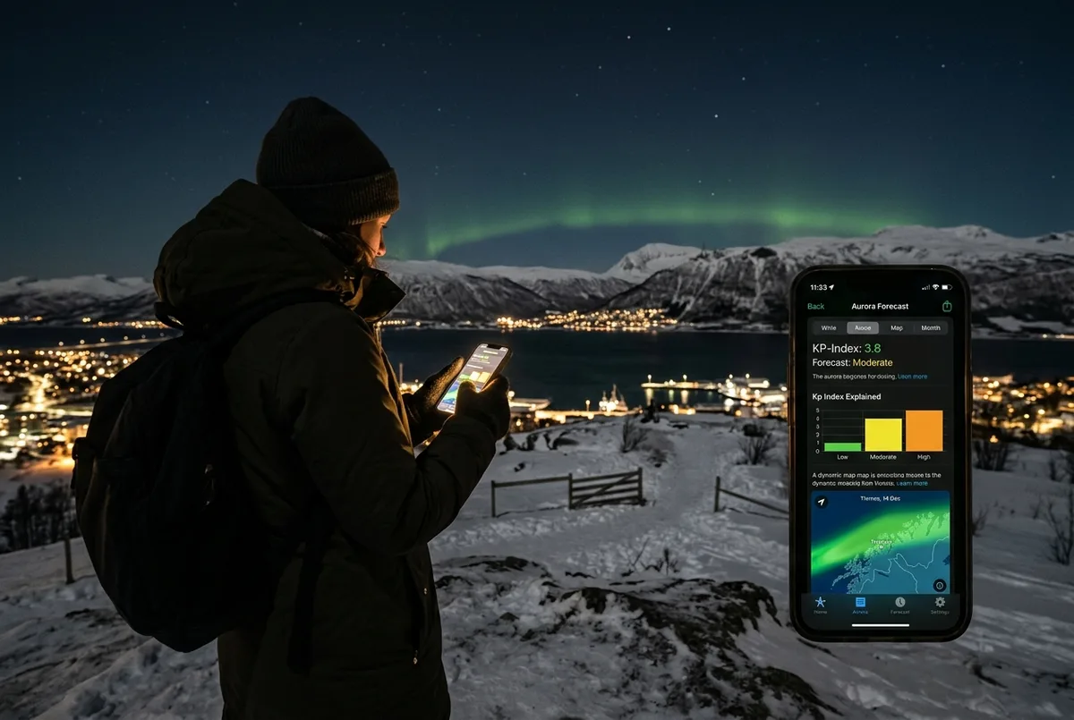 Voyageur consultant une application de prevision d'aurore sur un telephone dehors la nuit a Tromso avec une faible lueur verte se formant a l'horizon derriere lui