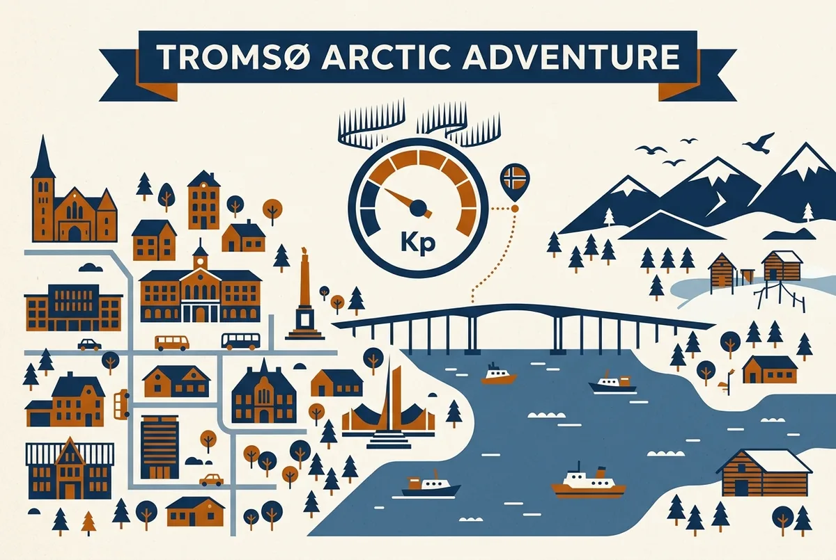 Infographie style jauge montrant un cadran de 0 a 9 marque indice Kp avec une aiguille pointant vers la zone faible a moderee et un petit repere de la ville de Tromso a cote, concept indice kp aurore boreale explication, etiquettes generiques uniquement