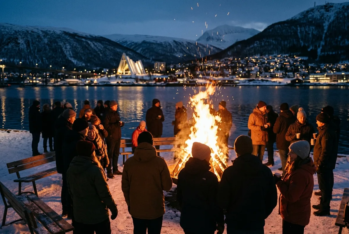 Fuochi d'artificio colorati che esplodono sopra il porto innevato di Tromso nella notte di Capodanno, con una debole aurora boreale verde visibile nel cielo scuro sullo sfondo, scena di capodanno a Tromso