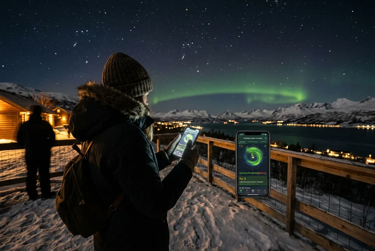 Guide holder en tablet med et nordlysvarsel foran en gruppe rejsende under stjerneklar himmel uden for Tromsø, nordlys norge varsel scene