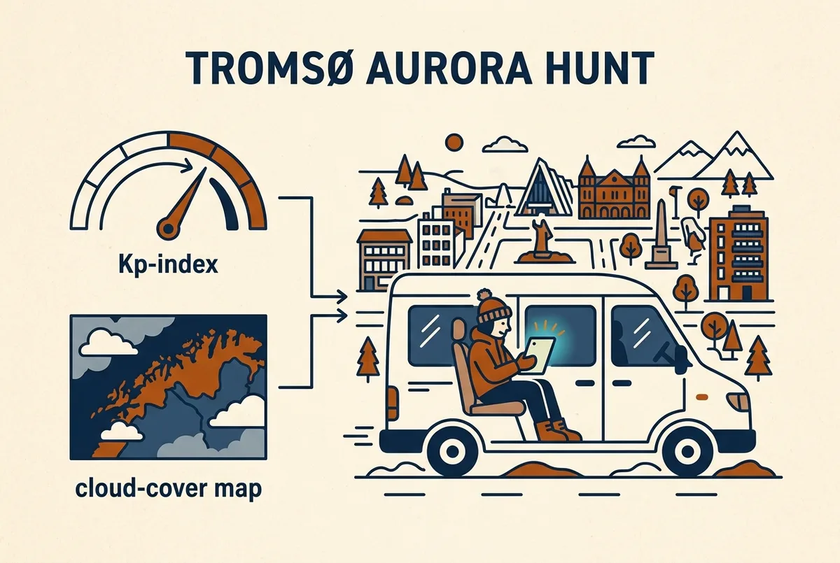 illustrated map of Tromso highlights for Nordlysvarsel for Tromsø Lige Nu, nordlys norge varsel