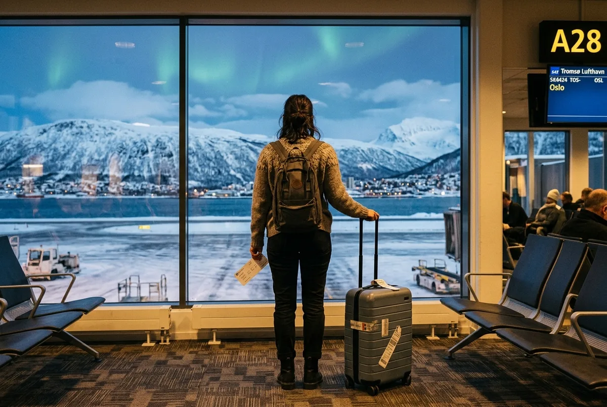 Reisender am Flughafen-Gate mit Koffer und Winterjacke, im Hintergrund eine Anzeigetafel mit Flügen nach Tromsø, Polarlichter Norwegen Reise Planungsszene