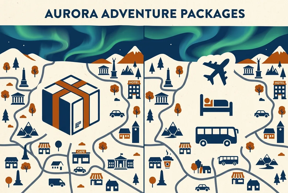 Reiseplan-Infografik mit den Bausteinen Flug, Hotel und geführter Tour als drei Icons, Pfeile zeigen Pauschalreise als gebündelten Pfad und Individualreise als drei getrennte Pfade, Polarlichter Norwegen Reise Planungsvergleich, nur generische Beschriftungen