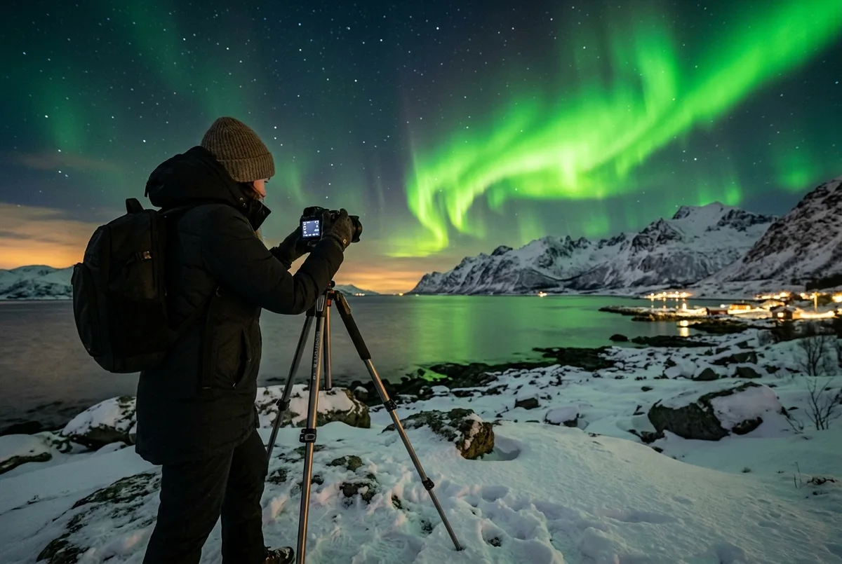 Traveler using a tripod-mounted camera to photograph a bright green aurora borealis over a snowy Tromso fjord landscape at night, how to photograph the northern lights scene