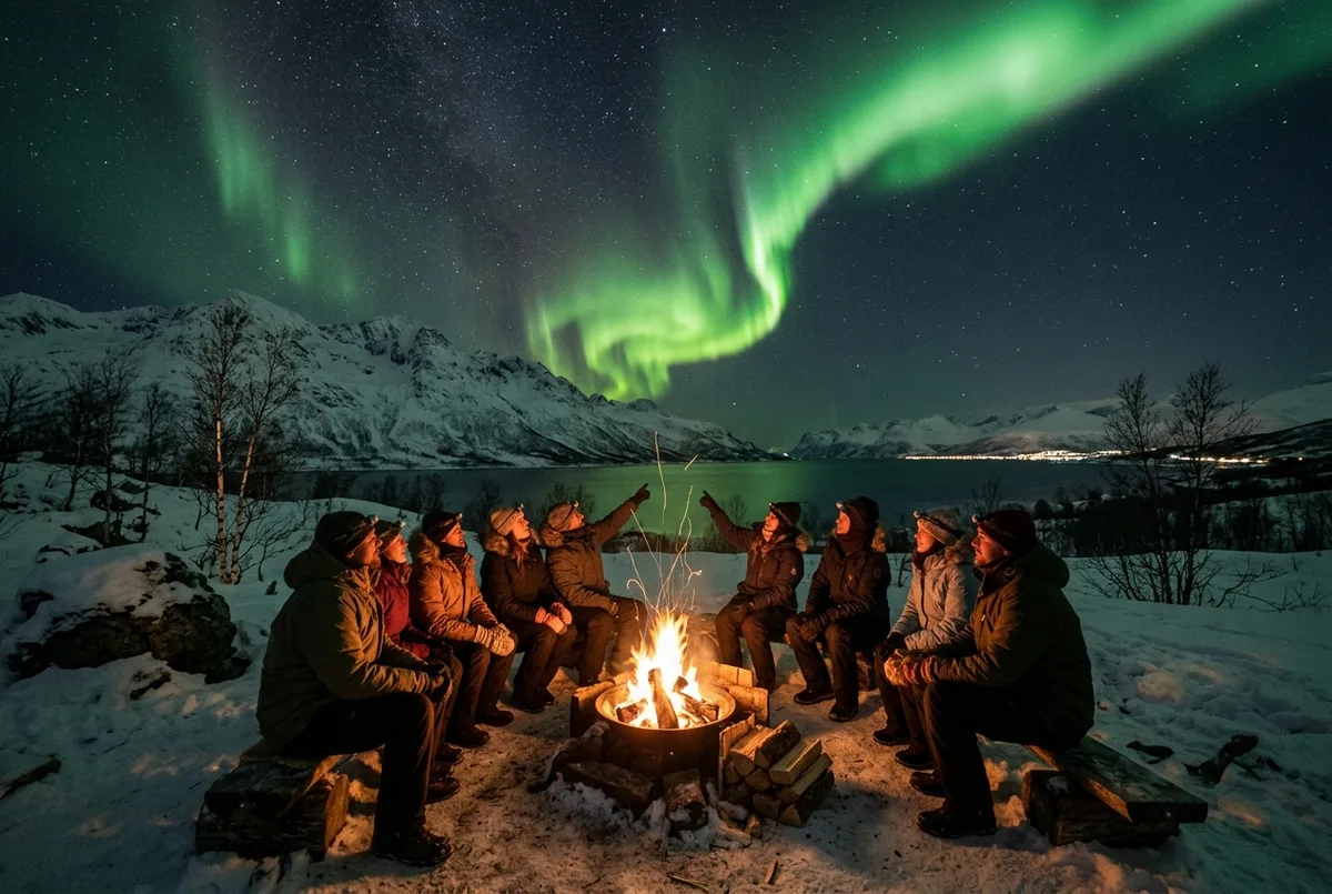 Petit groupe de voyageurs en combinaisons thermiques autour d'un feu de camp observant une aurore boreale intense au dessus d'un fjord pres de Tromso, scene excursion aurore boreale tromso