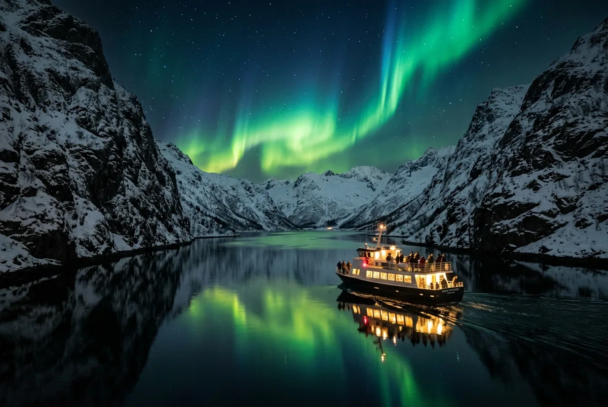 Aurora boreale verde sopra un fiordo norvegese stretto tra montagne innevate ripide, acqua scura calma che riflette le luci, nessuna citta visibile