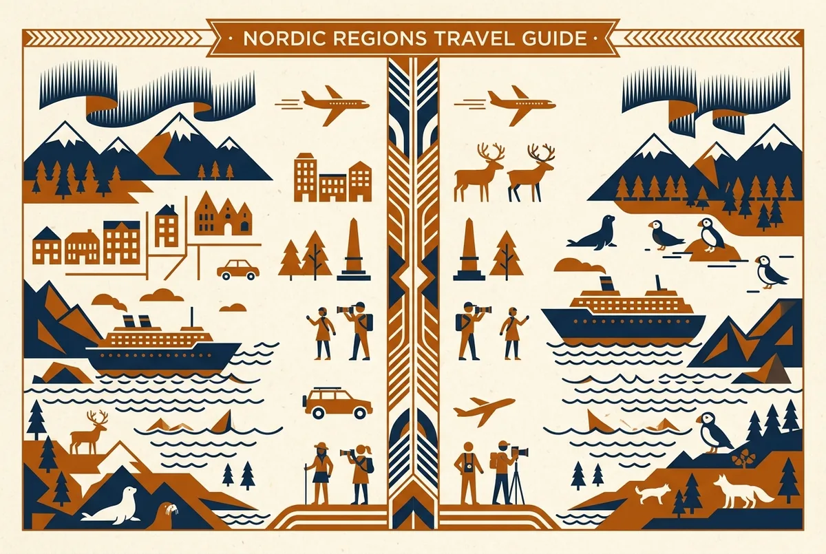 Infografika porównawcza Islandii i Norwegii z ikonami dostępu lotniczego, szerokości geograficznej i liczby wycieczek na zorzę polarną, ogólne etykiety bez cen