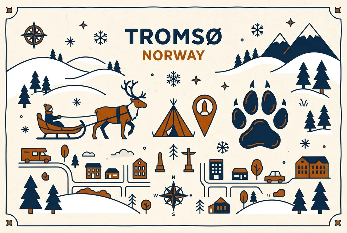 Simple infographic-style graphic comparing a reindeer sled icon and a husky paw icon side by side with a small lavvu tent icon and a Tromso city marker between them, reindeer sledding tromso versus husky camp comparison concept, generic labels only