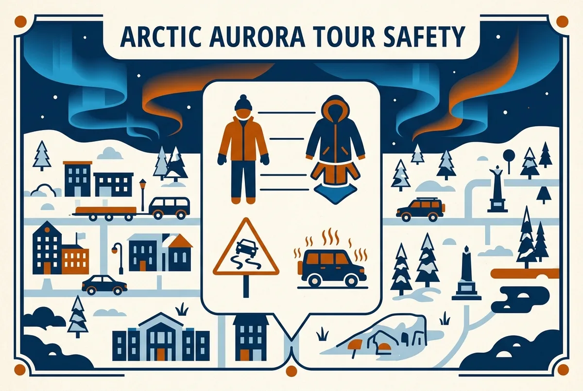 Simple safety checklist infographic showing layered winter clothing, an icy road warning icon and a heated guided vehicle icon for an Arctic aurora tour, northern lights tour safety tips checklist, generic labels only