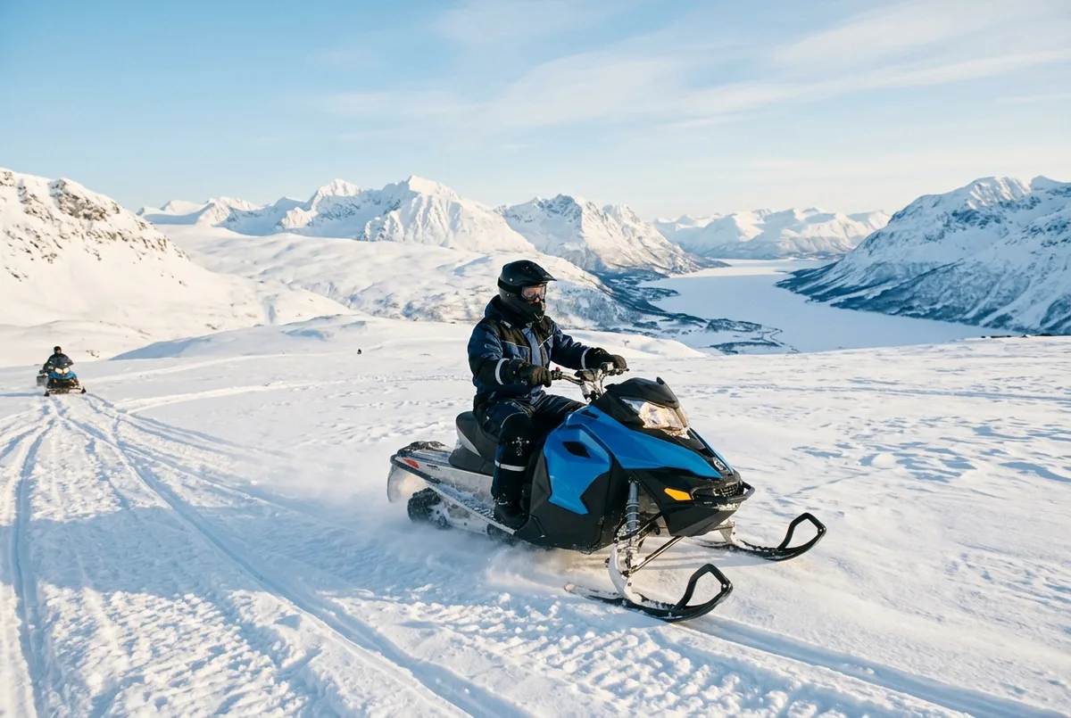 Traveler in a thermal snowmobile suit and helmet driving a snowmobile across a snow-covered fjord plateau near Tromso under a bright winter sky, snowmobile tromso safari scene