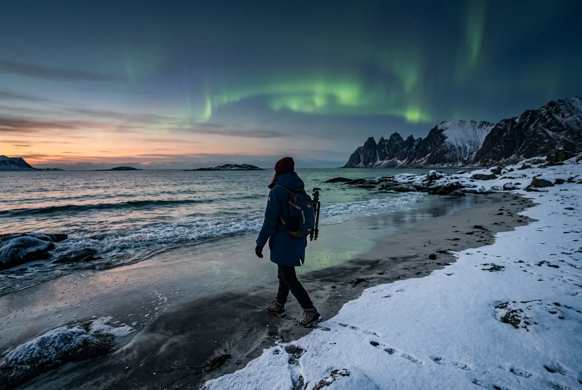 Viajero caminando por una playa de arena blanca cubierta de nieve en la isla de Sommarøy cerca de Tromso al atardecer con una tenue aurora boreal verde apareciendo sobre el agua, escena de excursión a Sommarøy desde Tromso
