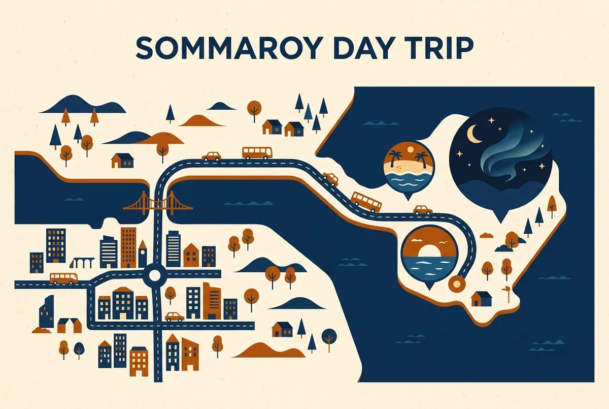 Mapa sencillo mostrando el centro de Tromso conectado por una carretera con puente a la isla de Sommarøy, con un icono de playa y un icono de cielo oscuro marcados, concepto de ruta de excursión a Sommarøy desde Tromso, solo etiquetas genéricas