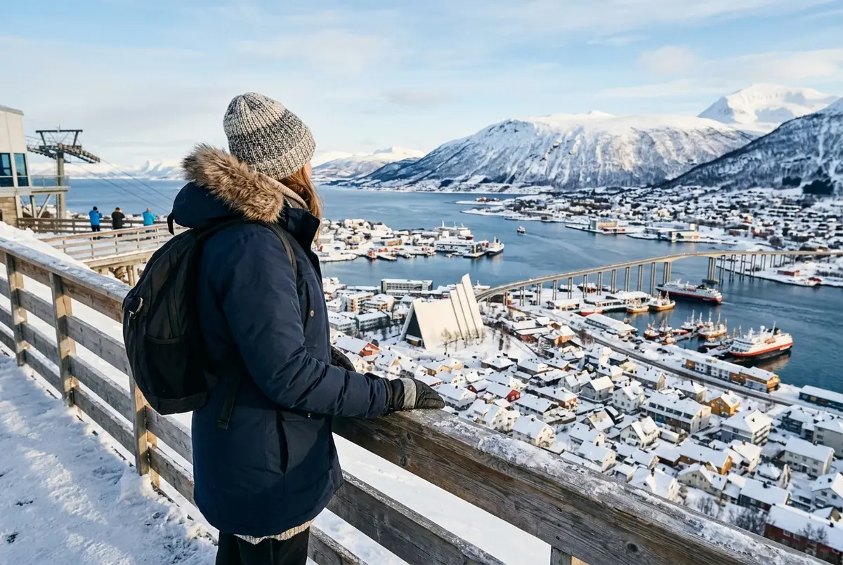 Viajero abrigado con un plumífero mirando los tejados nevados de Tromso y el puerto desde el mirador del teleférico de Fjellheisen al mediodía, escena de qué ver en Tromso en invierno