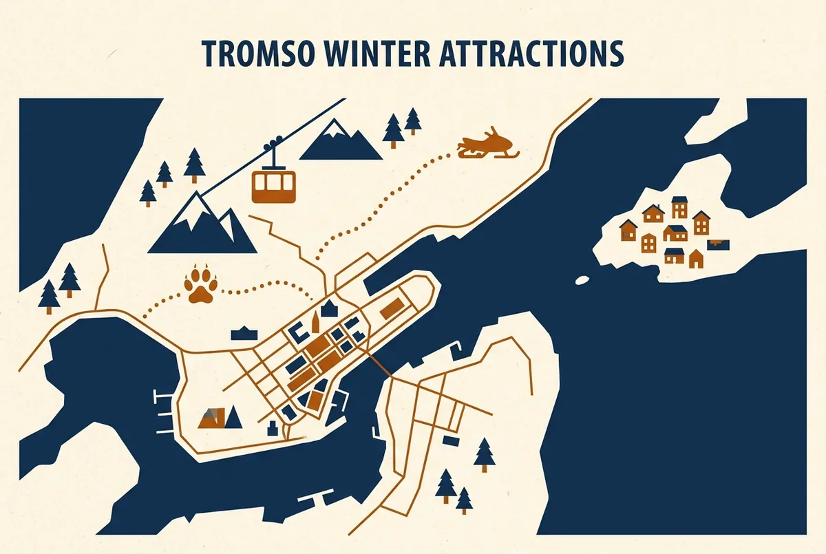 Mapa sencillo mostrando el centro de Tromso, el teleférico de Fjellheisen, un icono de ruta de motos de nieve, una huella de husky y Sommarøy marcados alrededor del fiordo, mapa de qué ver y qué hacer en Tromso, solo etiquetas genéricas