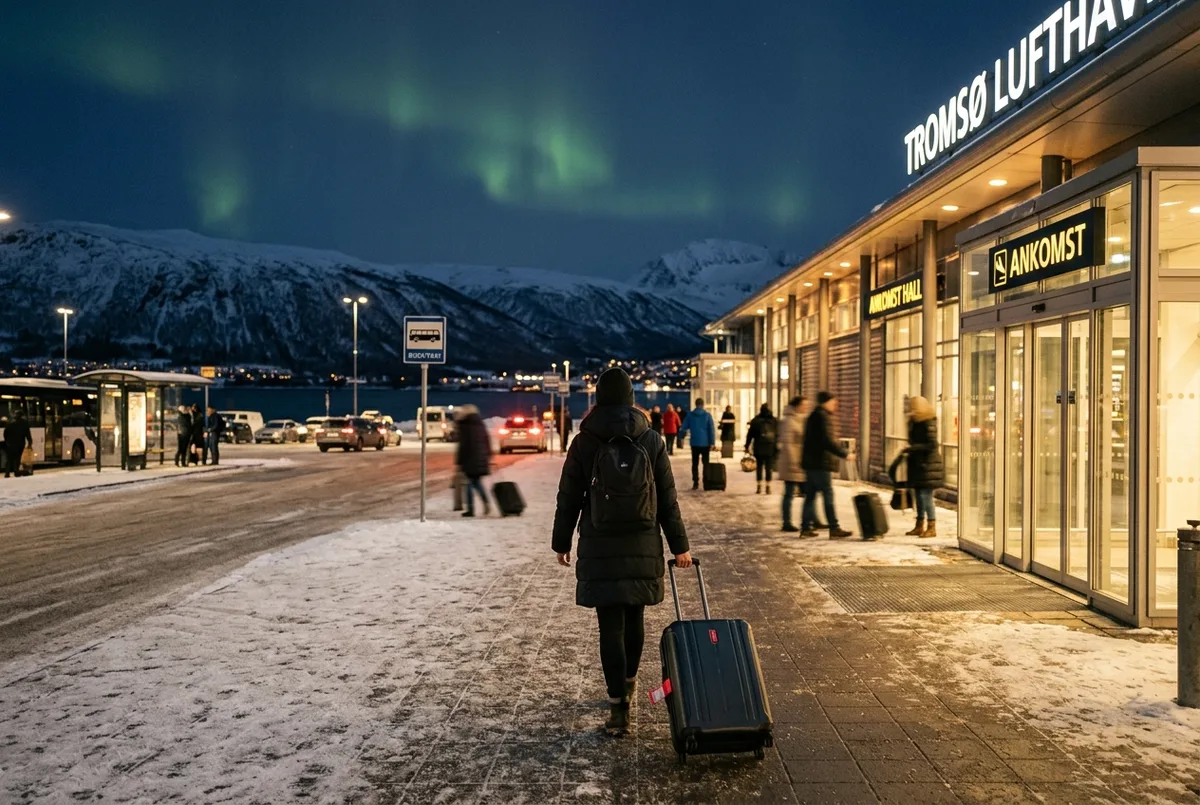 Reiziger kijkt uit het raam van een Noorse trein naar een besneeuwd fjordlandschap bij schemering, met op de achtergrond een vliegtuig hoog in de lucht, noorderlicht trein en vliegtuig vergelijking