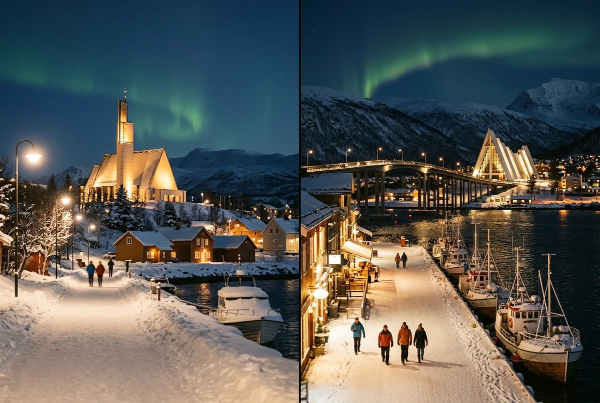 Geteilte Nachtszene: auf der einen Seite die Silhouette der Alta Nordlicht-Kathedrale unter einem Polarlicht, auf der anderen Seite Tromsøs Hafenfront mit wartenden Tourbussen