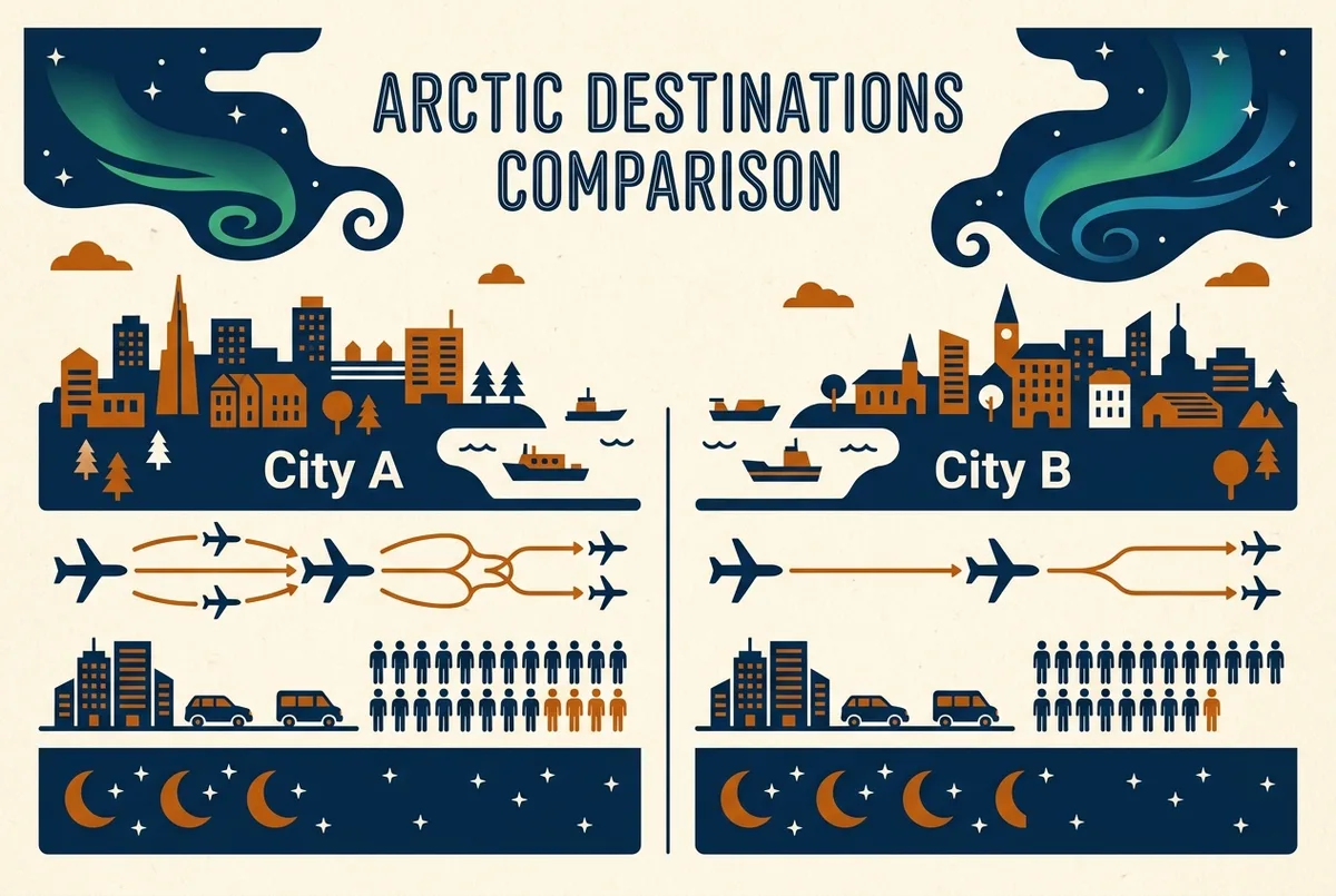 Einfacher Symbolvergleich zwischen Tromsø und Alta mit Flugverbindungen, Anzahl der Touranbieter und typischen klaren Nächten pro Monat für jede Stadt, Alta Nordlichter gegen Tromsø Vergleich, nur generische Beschriftungen