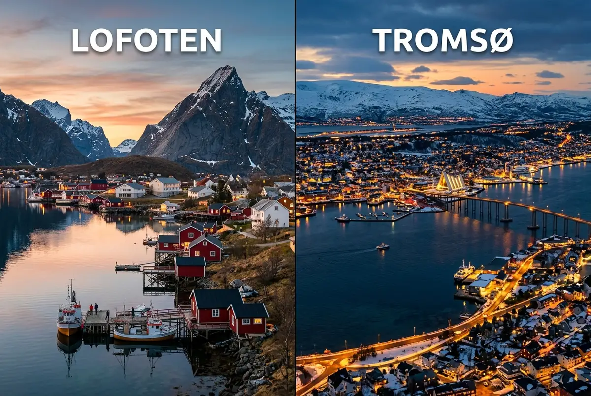 Aurora boreal verde sobre os picos escarpados e o fiorde das Ilhas Lofoten na Noruega à noite, cena de aurora boreal nas Ilhas Lofoten