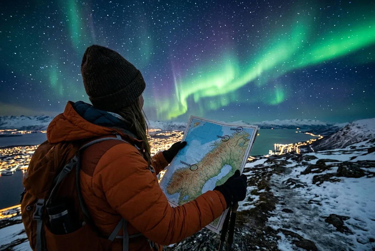 Rejsende studerer et Norgeskort med Trondheim, Nordkapp og Tromsø markeret op mod en stjerneklar arktisk himmel, trondheim nordlys sammenligningsscene
