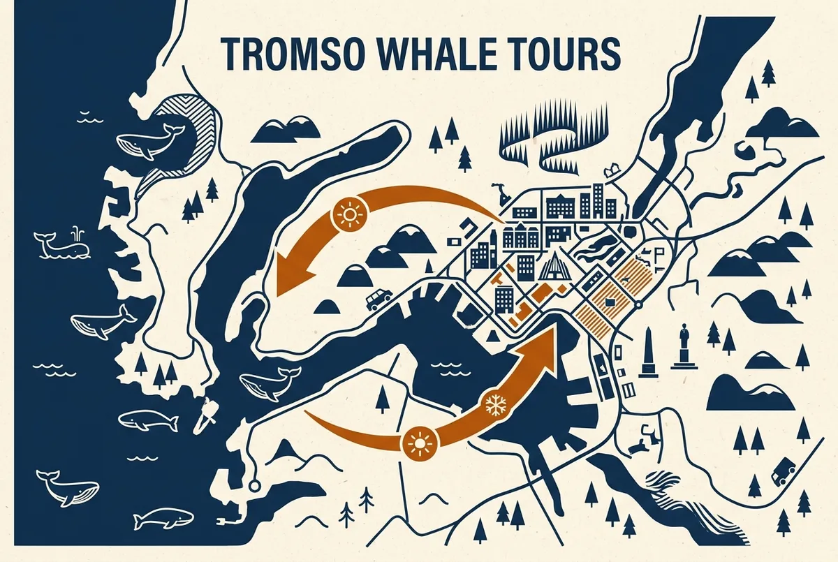 Mappa illustrata dei fiordi vicino a Tromso con icone di balene lungo la costa e un'icona di aurora boreale sopra la citta, due zone distinte collegate da una freccia stagionale, infografica sul tour delle balene a Tromso, solo etichette generiche