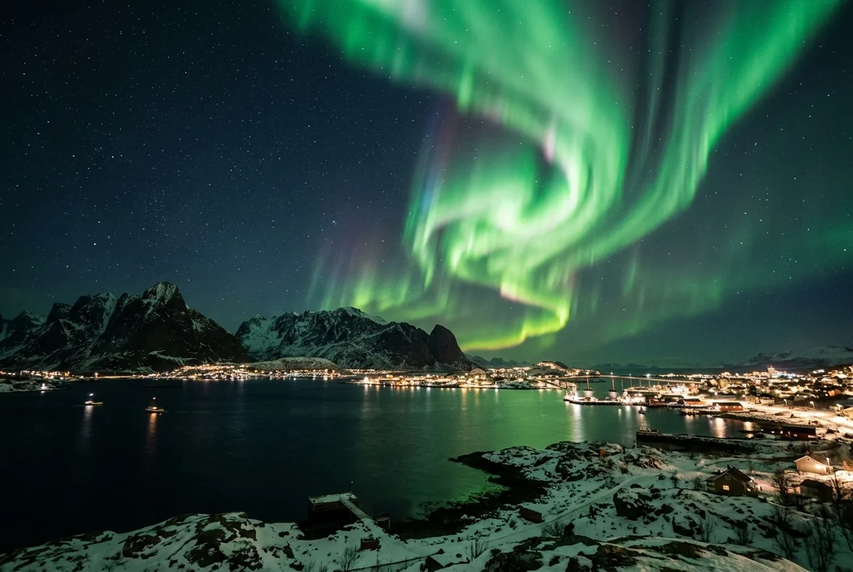 Ampio cielo notturno sopra Tromso con una tenda verde di aurora boreale che ondeggia sopra montagne scure e un fiordo, scena aurora boreale Norvegia cos'e