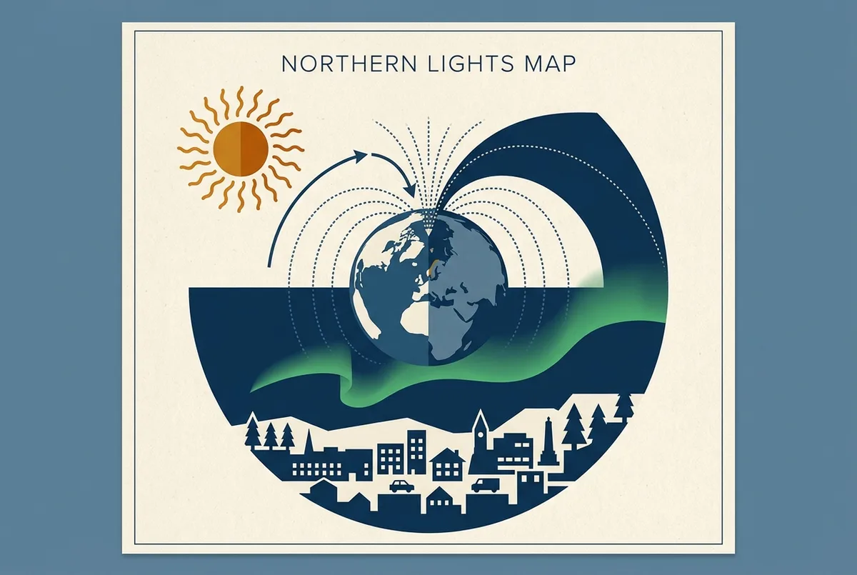 Diagramma semplice che mostra il sole, una freccia curva che rappresenta il vento solare, le linee del campo magnetico terrestre convogliate verso il Polo Nord e un bagliore verde di aurora boreale sopra la silhouette di Tromso, concetto cos'e l'aurora boreale, solo etichette generiche