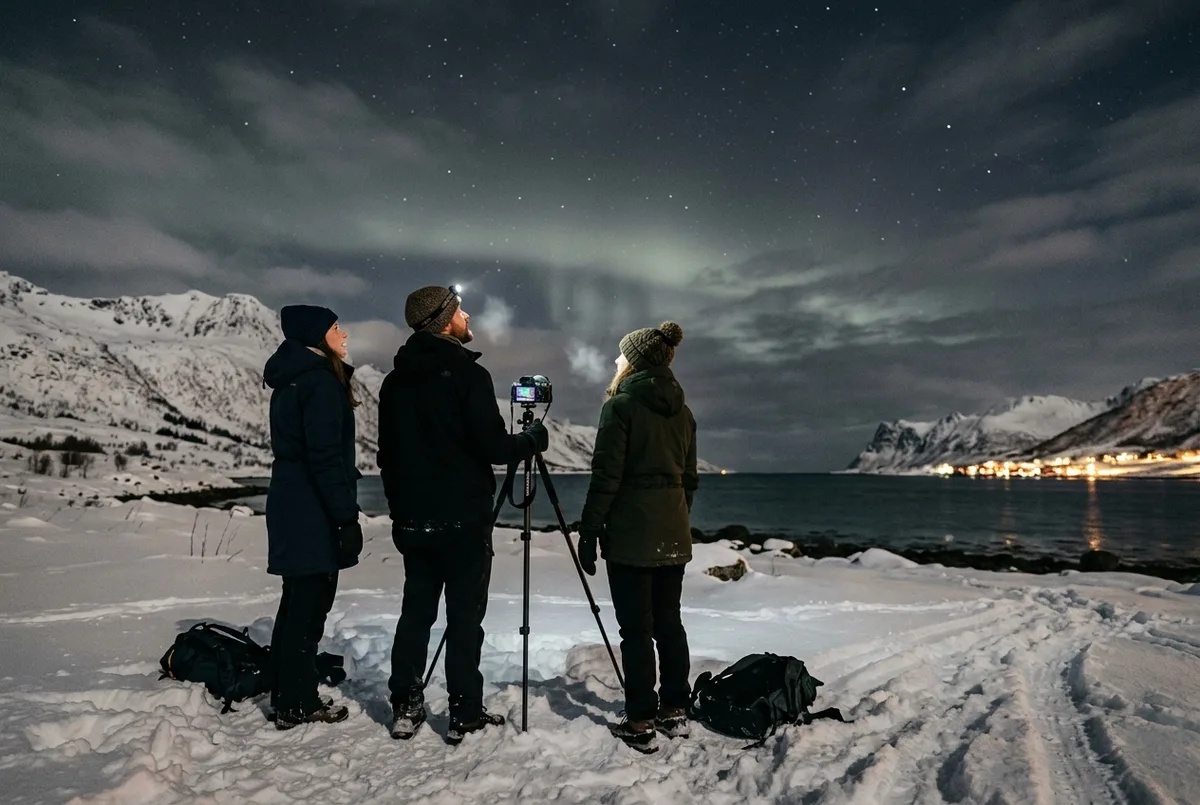 Petit groupe de voyageurs leve les yeux vers une lueur verte palatre et mouvante dans un ciel etoile pres de Tromso, scene a quoi ressemble une aurore boreale en vrai