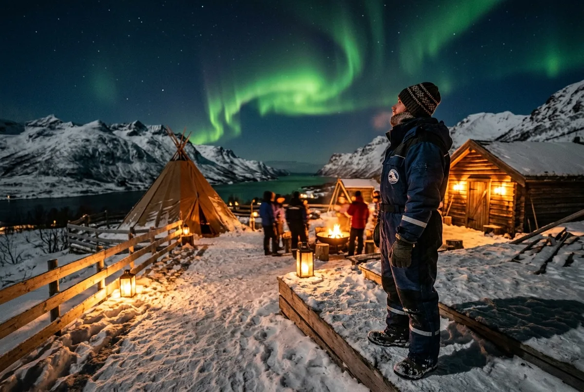 Rejsende i uldlag og termodragt justerer en hue mens de venter på nordlys ved et snedækket udsigtspunkt uden for Tromsø, hvad skal man have på til en nordlystur scene