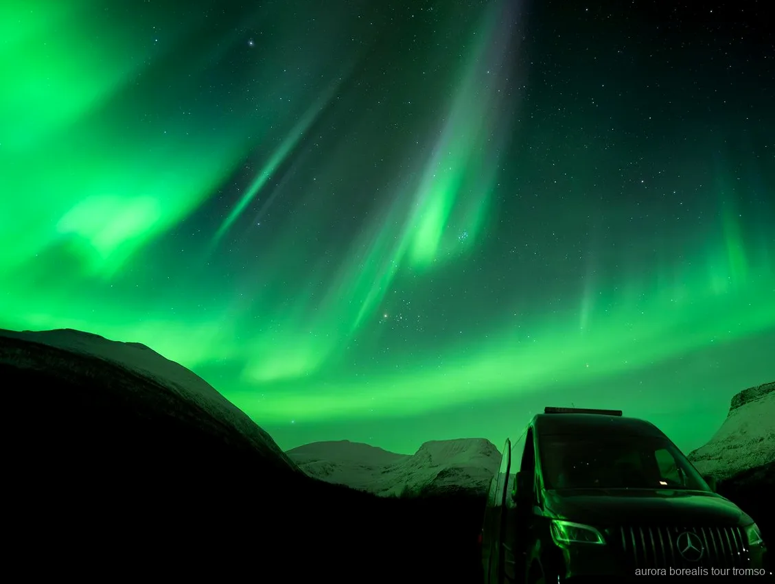 Minibús Mercedes Sprinter usado en el tour familiar de auroras boreales de Tromsø